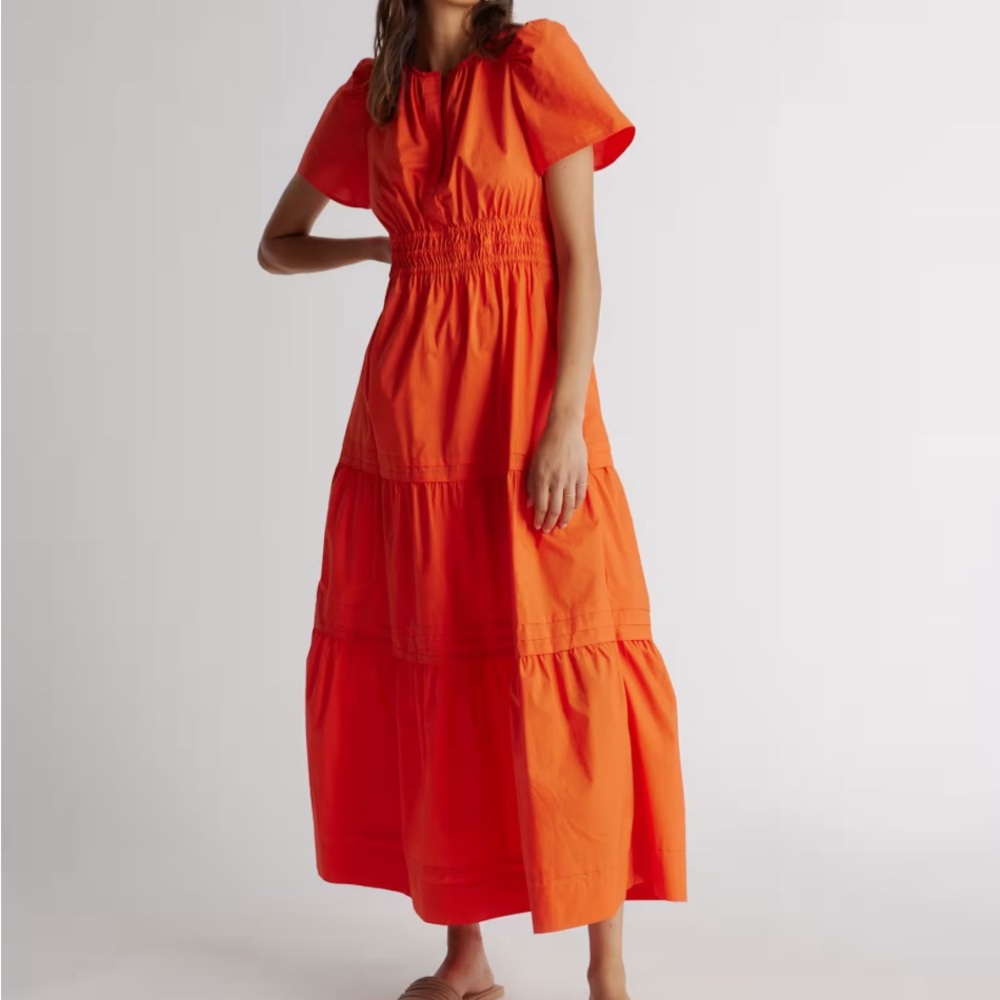 Quince orange Cotton Tiered Maxi Dress sz M Women's Pockets Poplin Fabric